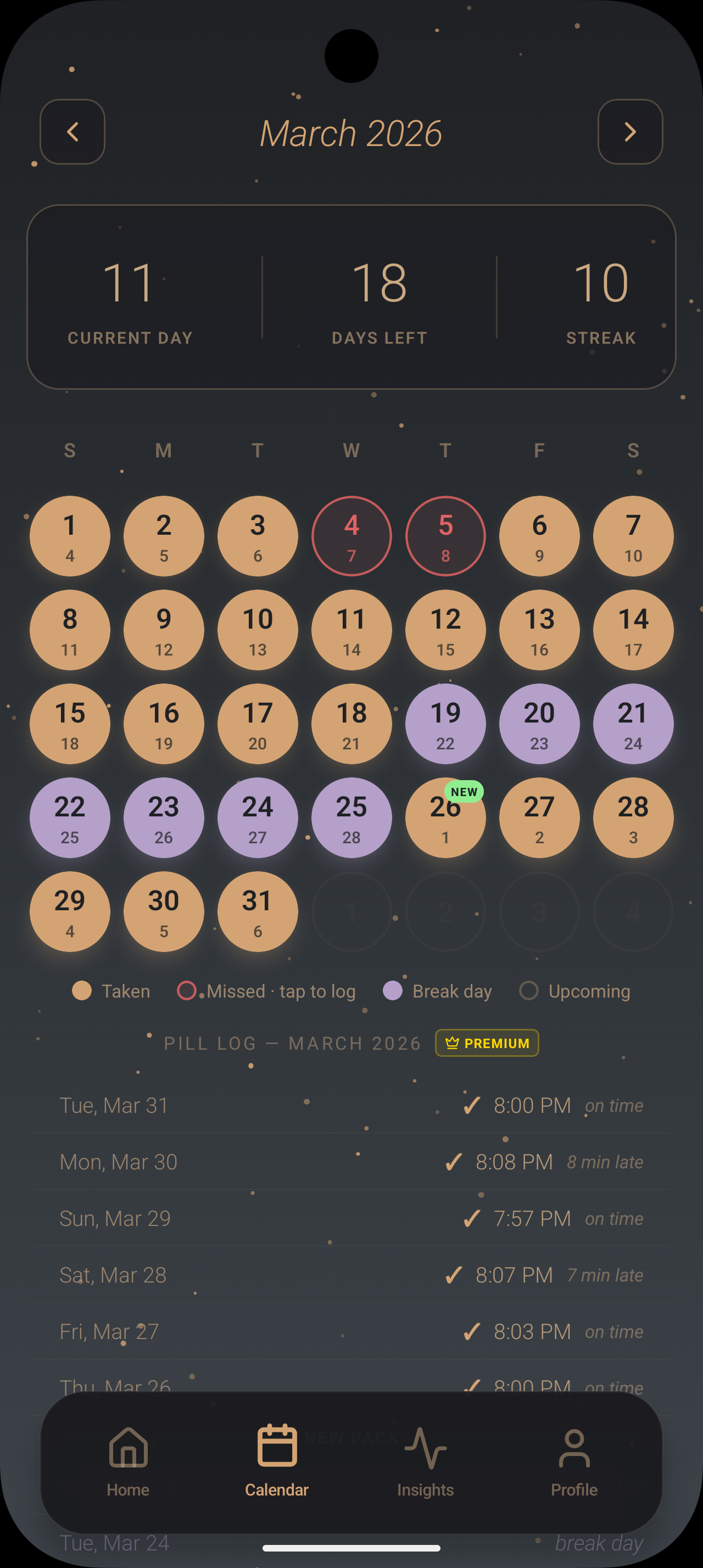 Estroclic calendar view showing pill days, break days, and streak