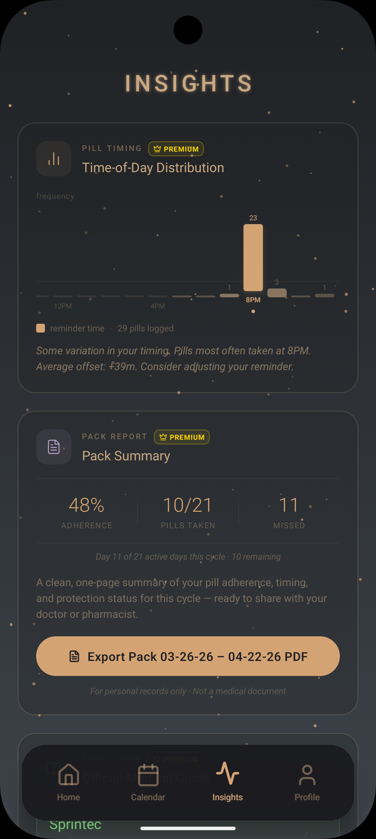 Estroclic insights screen showing time-of-day pill intake distribution chart