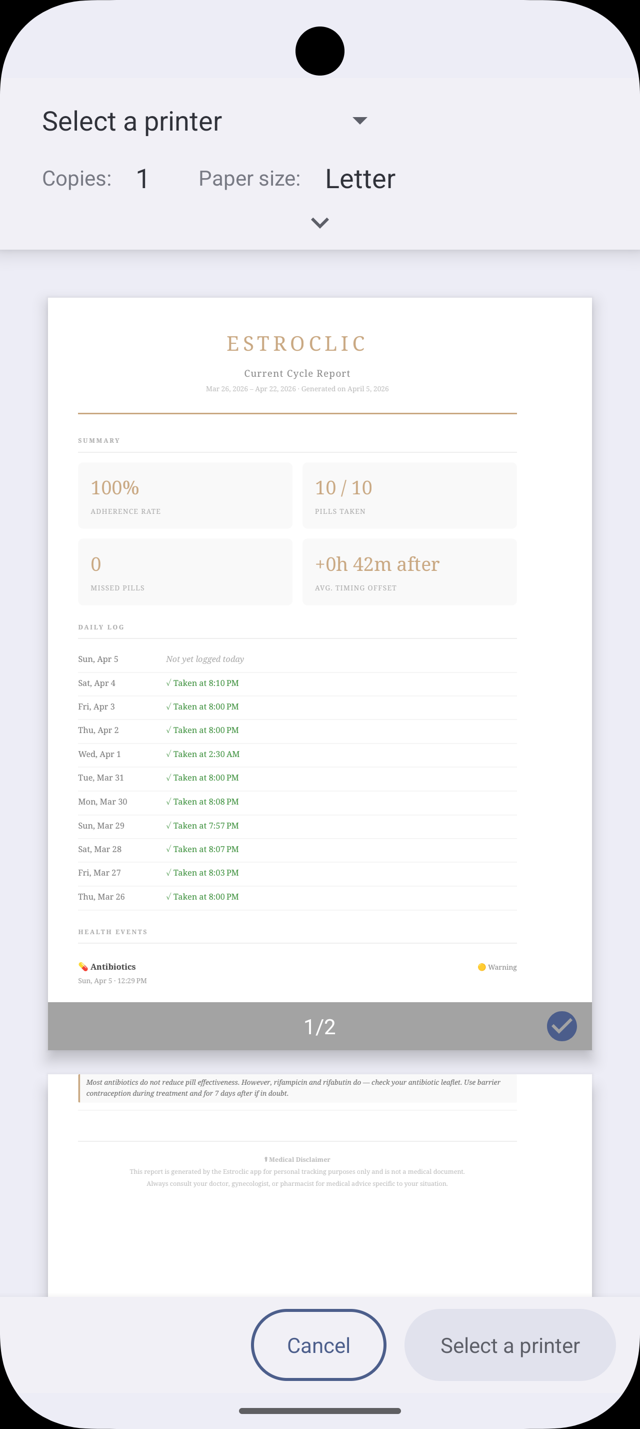 Estroclic PDF cycle report export screen