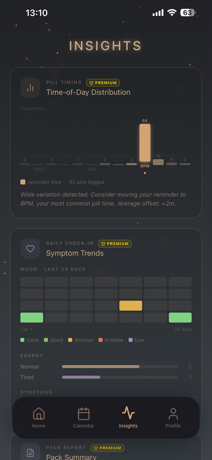 Estroclic insights screen showing pill-timing analysis and symptom trends