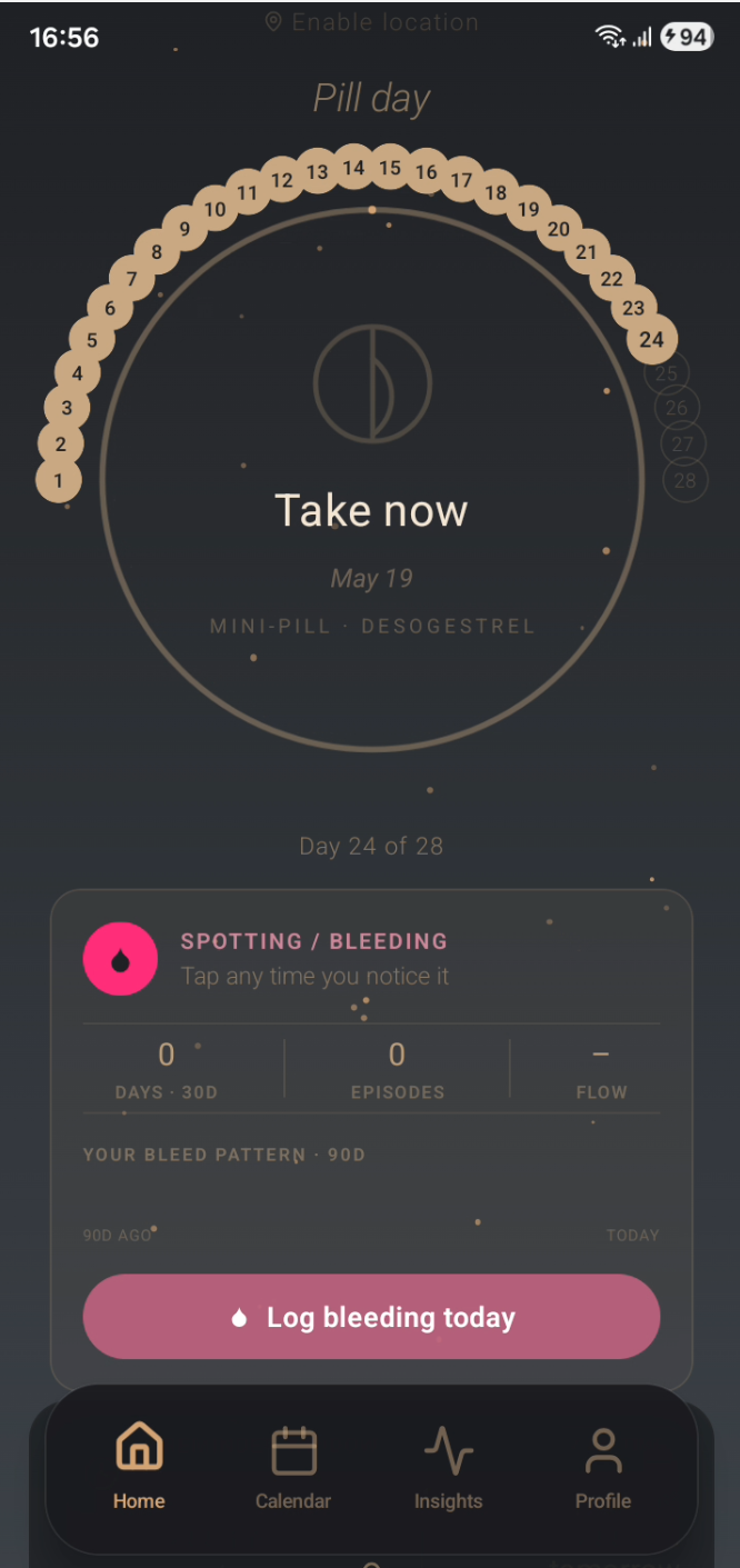 Estroclic mini-pill home screen with a clear pill-day arc and bleeding log
