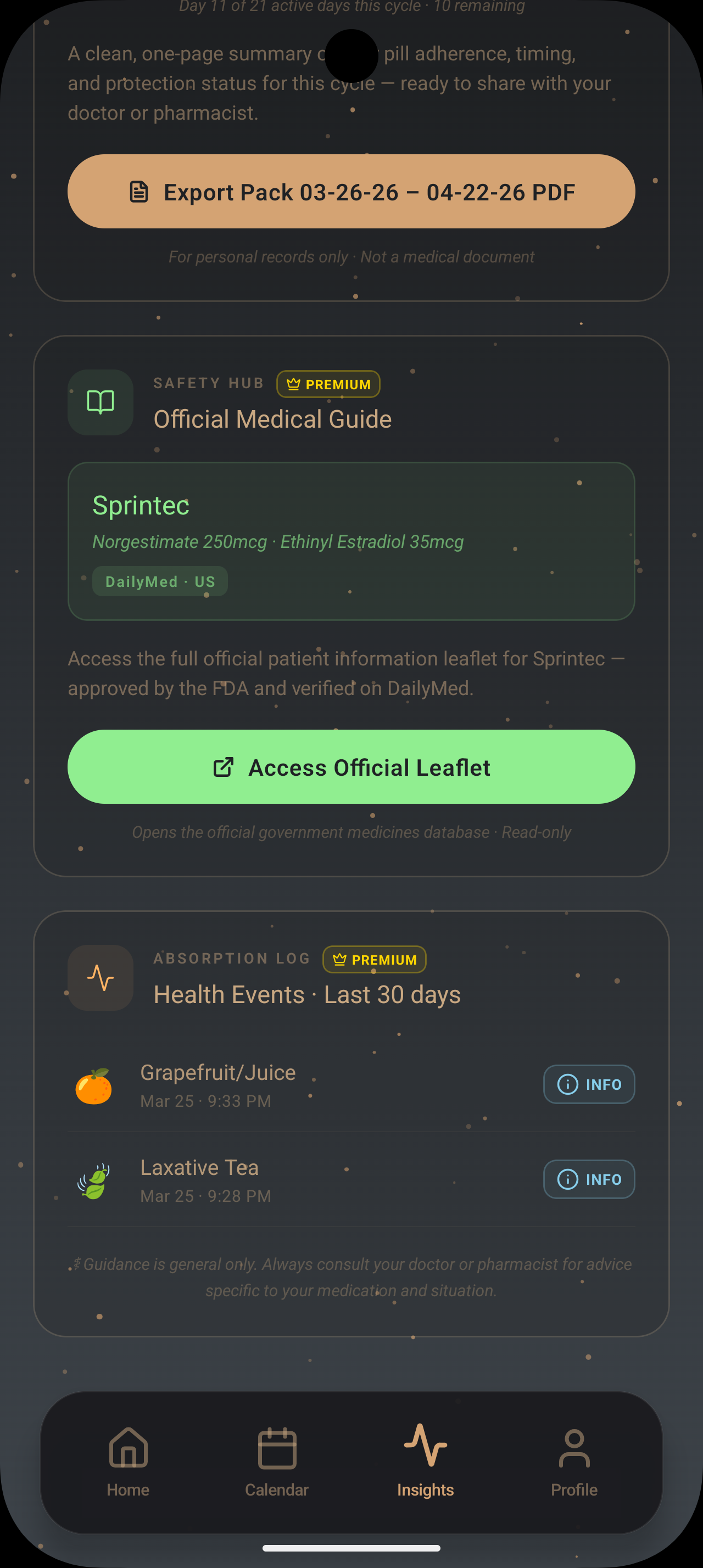 Estroclic safety hub showing official pill leaflet and health events log