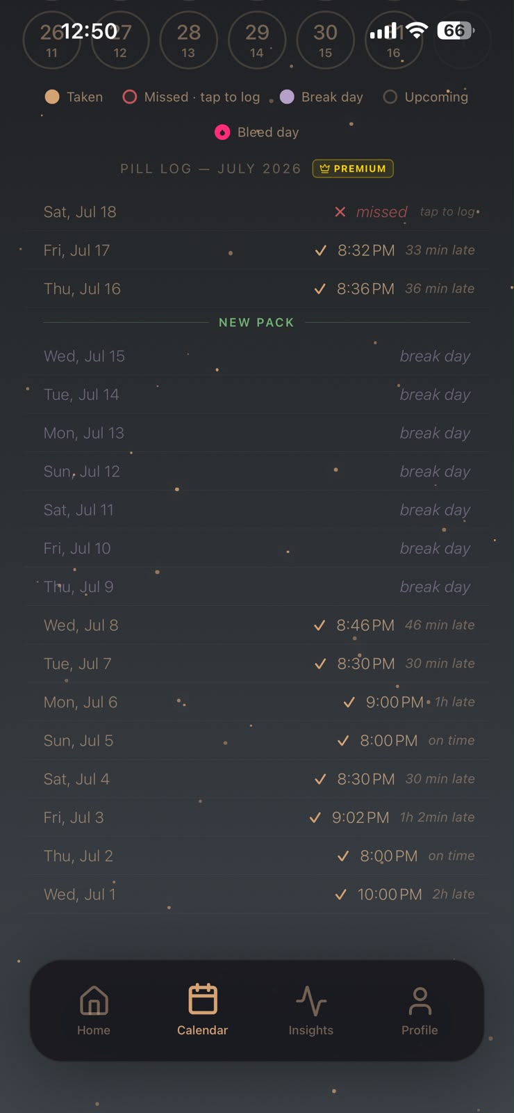 Estroclic Premium pill log showing recorded dose times and past-day entries